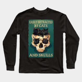 Easily Distracted By Cats And Skulls Skull Cat Lover Long Sleeve T-Shirt